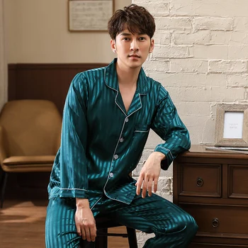 

New Arrival Autumn Winter Warm Long Sleeve Men's Silk Pajamas Set Turn-down Collar Cardigan Big Size L-3XL Male Homewear Clothes