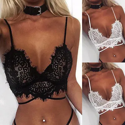 Best Product Fashion hot Sexy Women Exotic Clothing Floral Sheer Lace white Black Triangle Bralette Unpadded Bra Crop Top Choker Lingerie