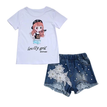 

For 6 8 10 12 14 Years Girls Summer Clothing set Clothes Cotton Print T-shirt + Appliques denim shorts Hot Pants Summer Outfits