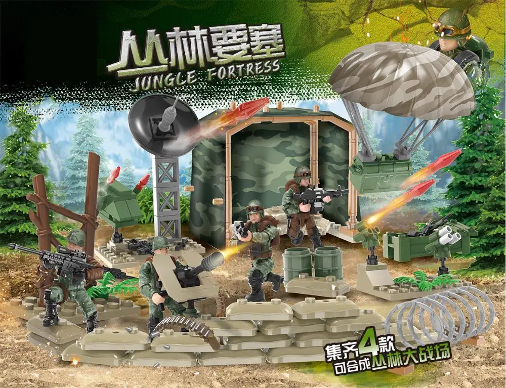 

Modern 1:36 scale military Jungle Fortress army action figures mega block weapon gun Parachute building bricks toys for boys