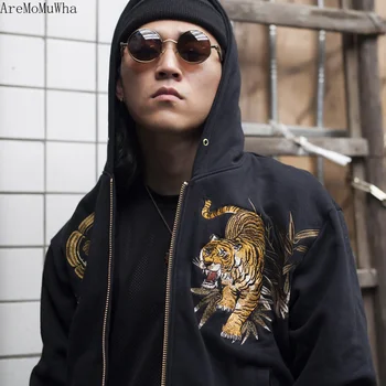 

AreMoMuWha Original Juling Bamboo Forest Tiger Embroidered Men's Hooded Plush Warm Sweatshirt Chinese Style Streetwear QX1097