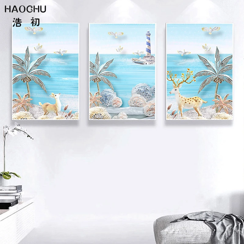 Скандинавская Летняя Пляжная картина HAOCHU с изображением оленя морской чайки