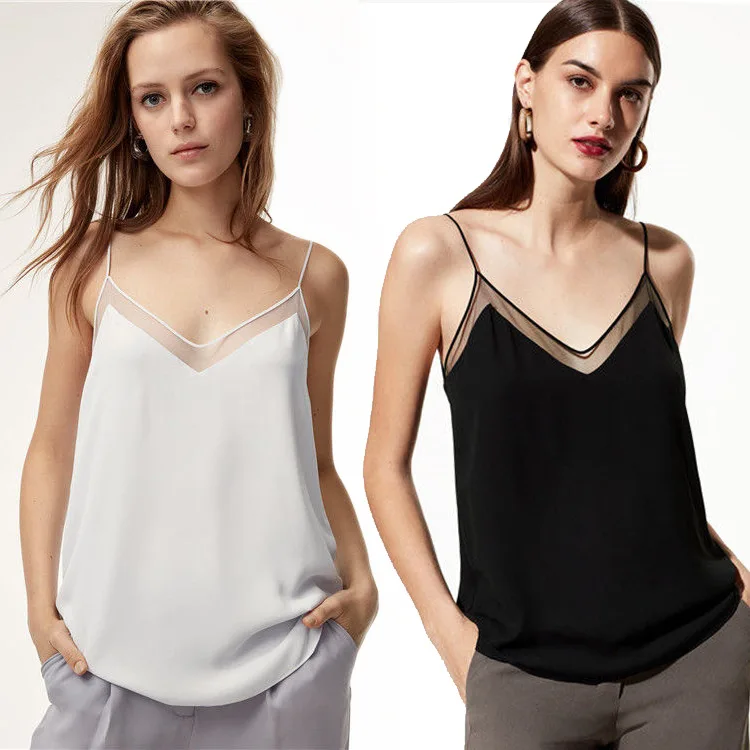 

Women Sexy Patchwork Lace Tank Tops New 2019 Woman V-neck Spaghetti Blouse Ladies Basic Short Shirt Top Free Shipping