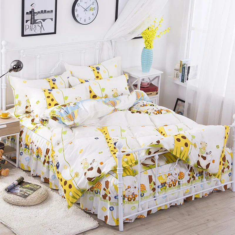 

Single Double Bed Cartoon Giraffe Duvet Cover Sets Twin Full Queen Size 100% Polyester Bed Skirt Bedding Sets XF645-14