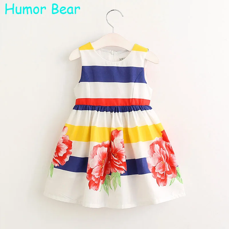 Humor Bear/Новые Летняя Одежда для девочек Платье для маленьких девочек Платья для вечеринок в полоску с цветочным принтом принцессы Платья для женщин Одежда для детей