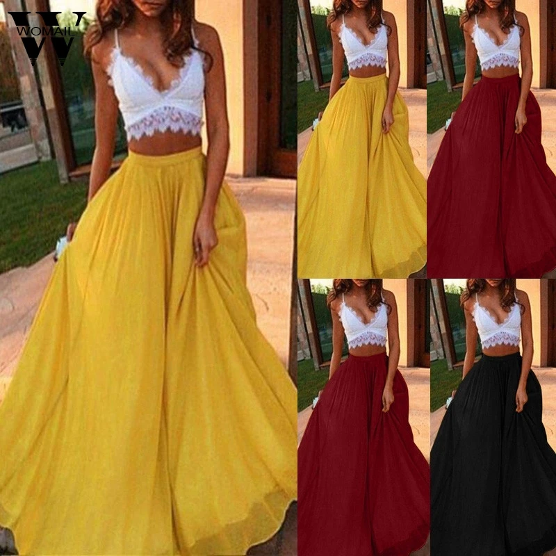 

Women's Fashion Spring Summer Candy Color Coloured Crepe Elastic Waist Pleated Floor-Length Long Midi Skirt Chiffon Skirts