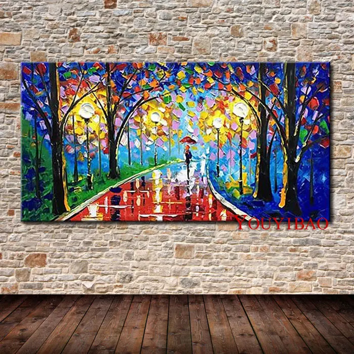 Ручная роспись романтическая дождливая уличная живопись маслом на холсте Современный абстрактный пейзаж настенная художественная работа для декора гостиной