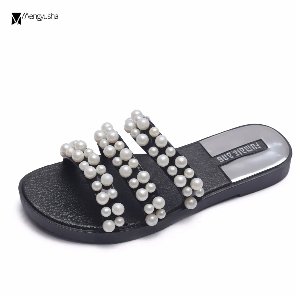 

pearl decoration flat sandals women designer beading flipflops sweet pink leather chaussures femme ete 2018 boheme slippers c362