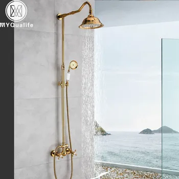 

Golden Bathroom Shower Faucet 8" Rainfall Shower Mixer Tap with Brass Handshower Wall Mounted Bath Shower System
