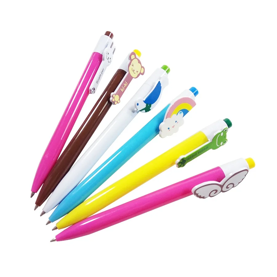 

6pcs/lot Press Spring Ballpoint Pen Color Stick Cat Monkey Frog Wing Bird Rainbow 6 Colors For School And Office Using
