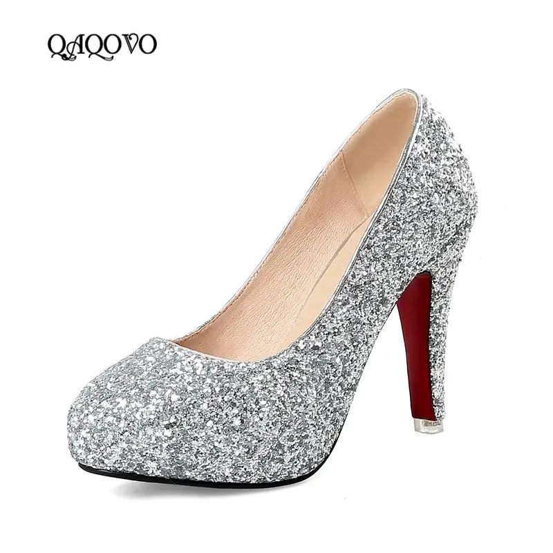 

2019 Sexy Sequined Platform Women Shoes Square High Heels Pumps Slip On Spring Autumn Party Wedding Shoes Female Red Silver Gold