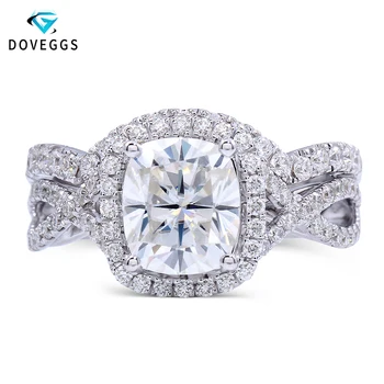 

DovEggs 14K 585 White Gold Center 2 Carat ct F Color Cushion Cut Moissanite Halo Twisted Band Engagement Ring Set with Accents