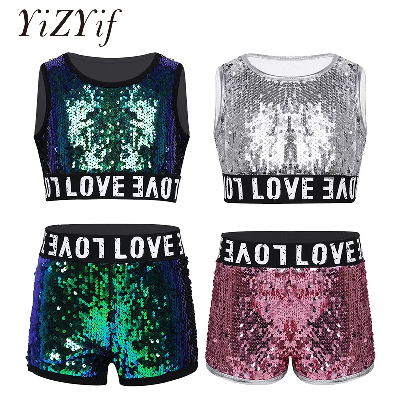 YiZYiF الفتيات الهيب هوب الجاز أزياء رقص المشجع الملابس الاطفال لامعة الترتر أكمام المحاصيل أعلى مع السراويل هالوين مجموعة