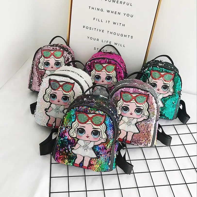 

Glitter Sequins Cute children backpack Cartoon character backpacks for girls school bags small mochila Travel bag blue bao