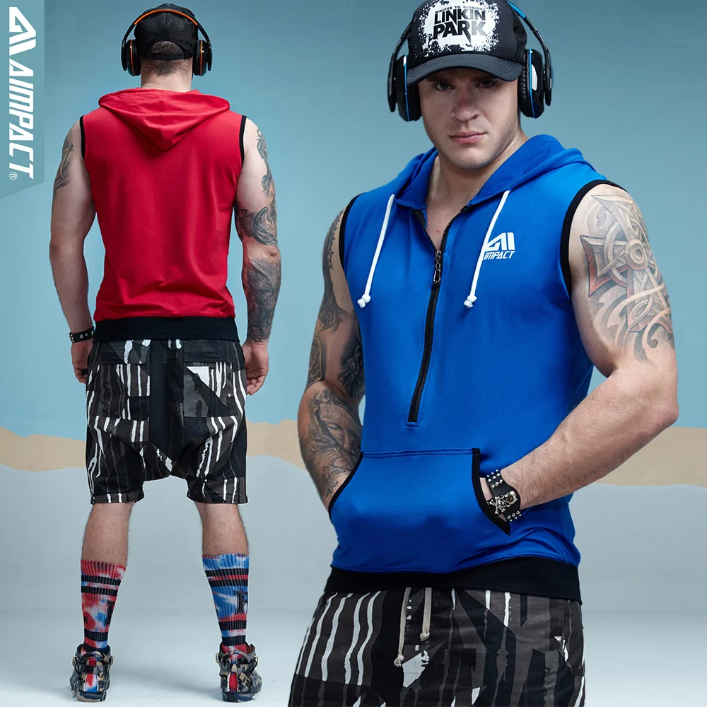Aimpact Men's Cotton Sleeveless Hoodie | Bodybuilding Crossfit Workout Tank Tops - Muscle Fitness Shirts | Male Jackets - Top AM1012 image 2