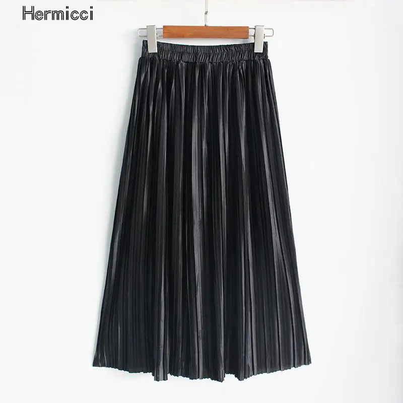 Hermicci 2020 Fashion Skirts Summer Pleated Long Skirts Women Metallic Midi Skirts Faldas Largas Mujer