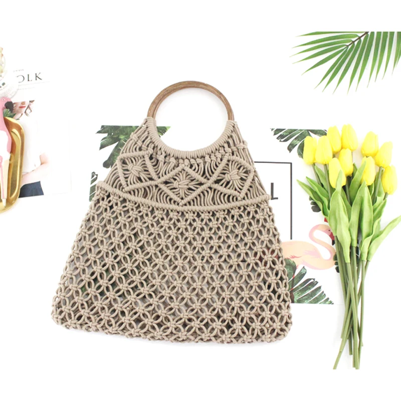 New type of cotton rope hollow net pocket handbag straw knitting bag small fresh knitting lady bag beach bag without lining