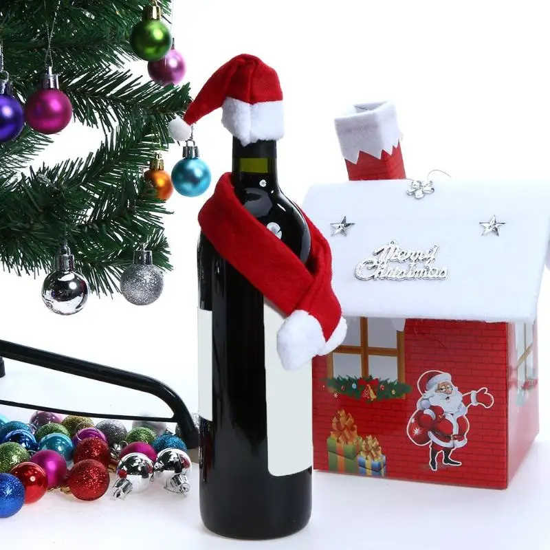 1 Set Party Christmas Wine Hat Scarf Tie Bottle Cover for Home Dinner New Santa Claus Gift Kitchen Table Cup Decor | Дом и сад