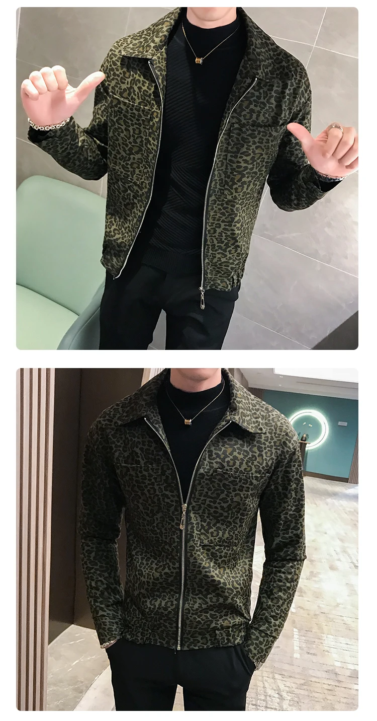 Leopard Printed Jackets Mens Autumn Mens Coat Jackets Zipper New Fashion Mens Designer Hombre Chaqueta Korean Streetwear