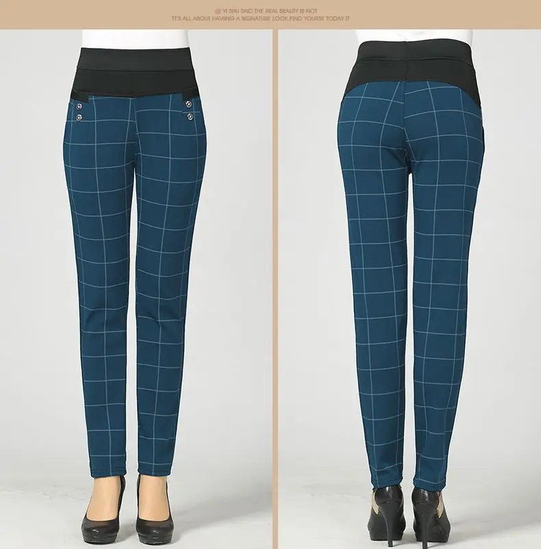 Woman Casual Pant Navy Blue Green Black Plaid Trousers Women Spring Autumn Winter Trouser High Waist Elastic Band Pantalonese Mujer  (22)