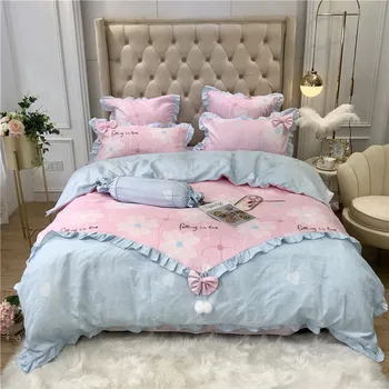 

Korean Princess Style Flowers Love Stripe Printing Polyester Cotton Girl Bedding Set Ruffles Duvet Cover Bed sheet Pillowcases