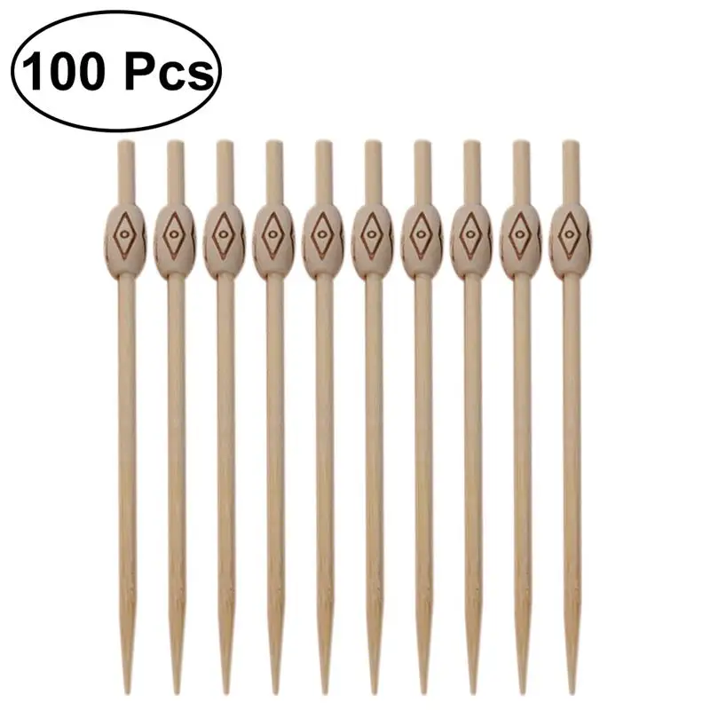 100PCS Disposable Wood Cocktail Picks Waist Drum Shaped Fruit Sticks