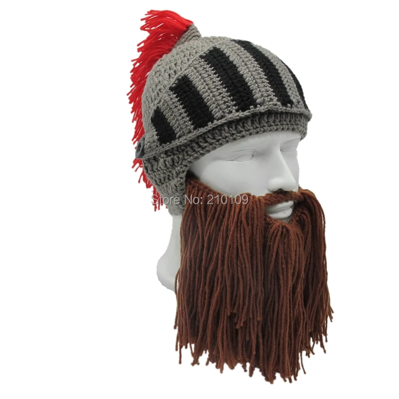 Mr. Kooky, красный, с кисточками, для косплея, Римский рыцарь, вязанный шлем, мужские шапки, оригинальные, варварские, ручная работа, зимние, теплые, шапки с бородой, забавные шапочки
