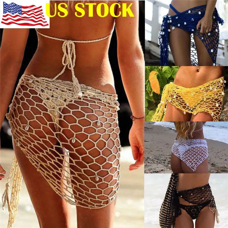 

US Women Fishnet Crochet Bikini Cover Up Swimwear Shell Sarong Wrap Beach Triangle Cover Up