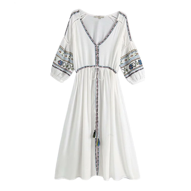 

Summer Bohemian Dress Women V-Neck National Style Embroidered Dress Women Mid-Calf Dress Vintage A-Line Sundress with Tape
