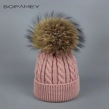 2018 Girl Pom Pom Beanies Warm Knitted Kids Fur Pompom Hat Children Real Raccoon Fur Winter Twist stripes Hat Cap Skullies