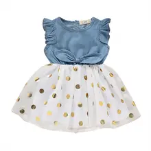 Летнее платье принцессы с цветочным принтом для маленьких девочек джинсовый тюлевый сарафан с оборками и кружевным принтом в горошек