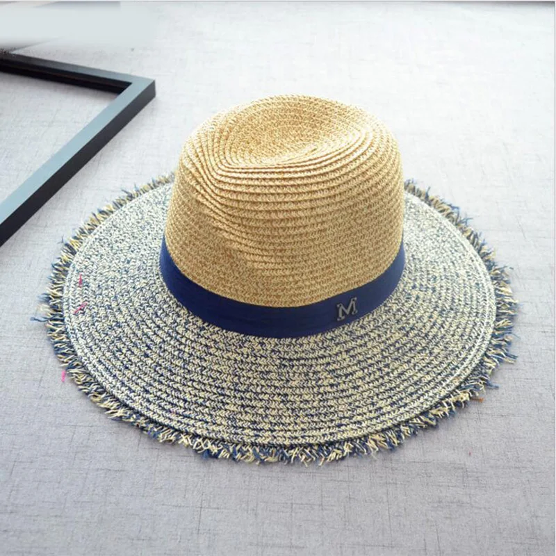 Panama Straw Hat Summer M Letter Hats For Women Sun Shade Tourism Boater Hat Wide Brim Burr Raffia Chapeau