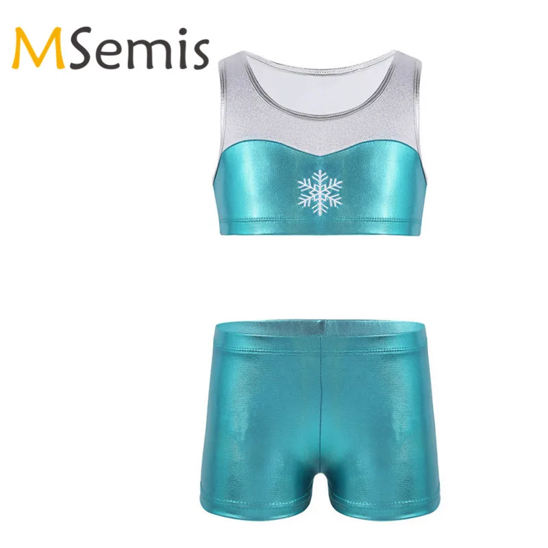 

2PCS Kids Girls Tankini Gymnastics Leotard Girls Ballet Tankini Shiny Snowflake Embroidery Tank Top with Bottoms for Gym Workout