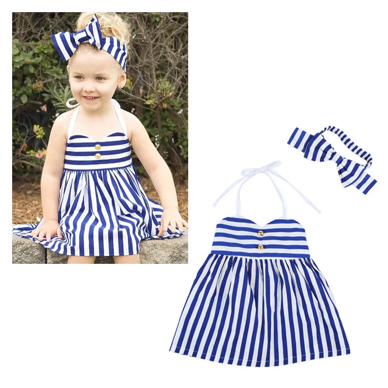 2PCS Baby Girl Dresses Beach Dresses Girl Summer Dresses Strip Blue