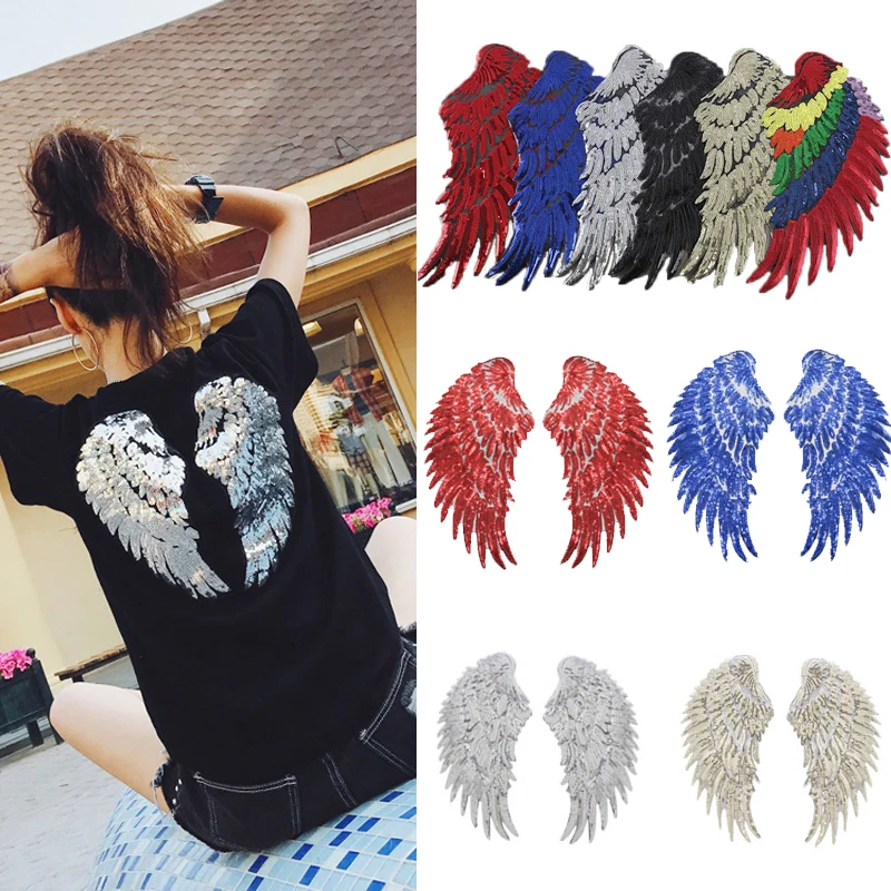 

20 pairs Wings Glitter Patch For Clothing Sequined Patches Iron On Appliques Jacket Tees Jeans Patchwork Motif Badge Stikers