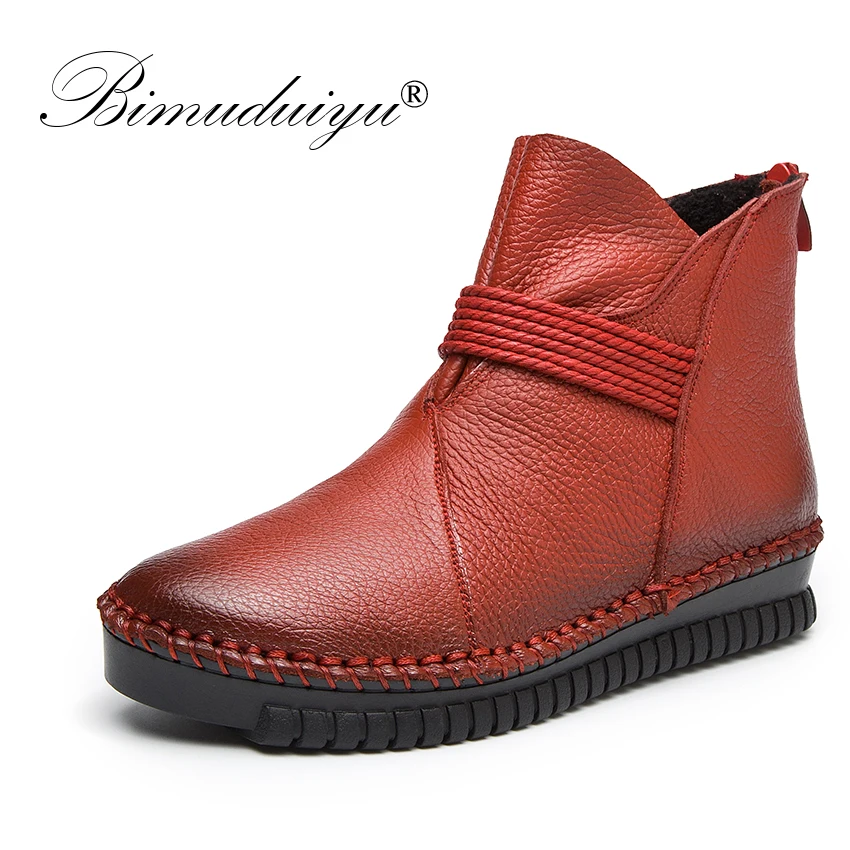 

BIMUDUIYU Women Genuine Leather Ankle Boots Autumn Winter Warm Boots Woman Casual Comfortable Handmade Snow Boots Flat Shoes