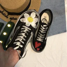 Kjstyrka/классическая женская Вулканизированная обувь суперзвезды; модная женская парусиновая обувь на плоской подошве ручной работы с рисунком подсолнуха и сердца