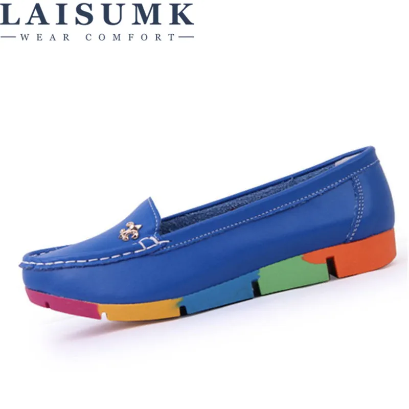 

LAISUMK Women Ballerina Flats Casual Shoes Genuine Leather Slip On Ballet Soft Moccasins White Green Blue Peach Camouflage