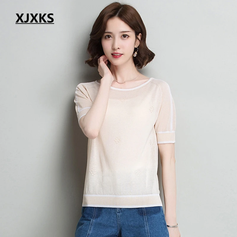 

XJXKS Knitwear T-shirt Women's Summer Short Sleeve Top 2018 New Korea Style Cool T-shirt Short Ice Silk Tee Shirt Femme