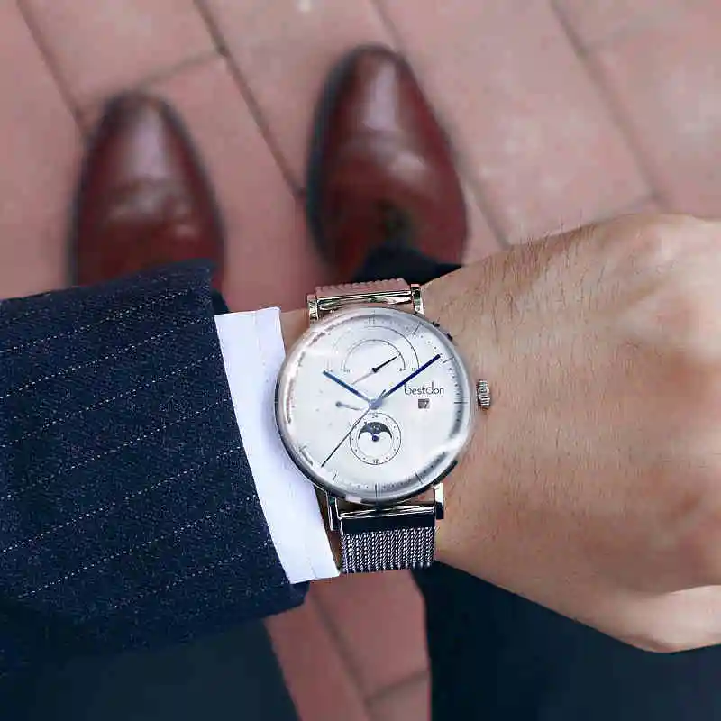 

2018 Bestdon brand Men Moon Phase watch Unique Design Style mens Automatic mechanical Watches steel mesh strap clock reloj