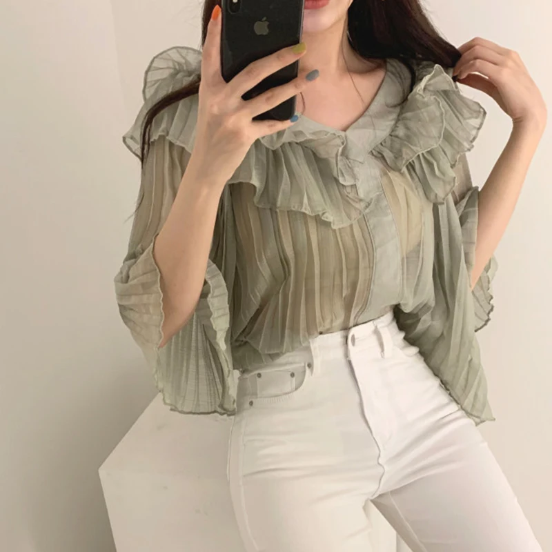 

Beautiful! Sheer Chiffon Blouse Pleated Ruffles Flare Sleeve Shirt Women Top Summer Chemise Femme Chemisier Blusa Mujer Camisa