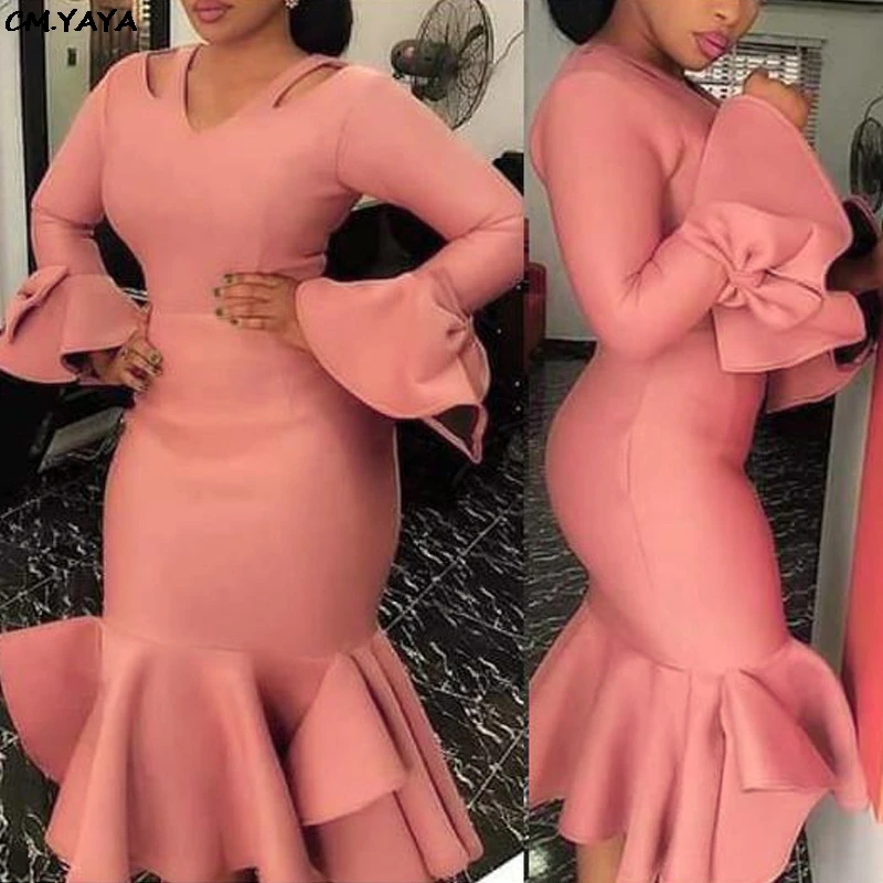

2019 new women summer ruffles petal long sleeve v-neck mermaid bodycon midi dress night club party knee length dresses GL44728