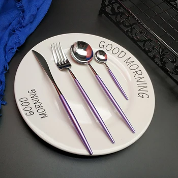 

Hot Sale 4pcs Purple Silver Mirror Light Dinnerware Kitchen 304 Stainless steel Knife Fork Spoon Food Tableware Flatware Set