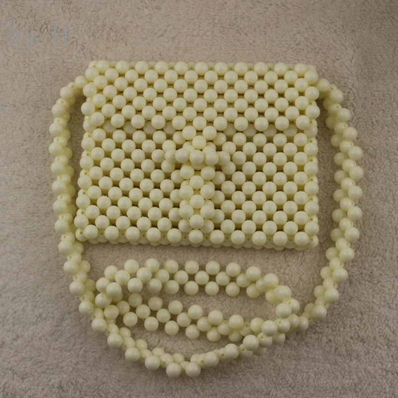 

by H 2019 womens acrylic beaded shoulder bag handmade vintage chic lady handbags Pale yellow phone bag party bag beach bag