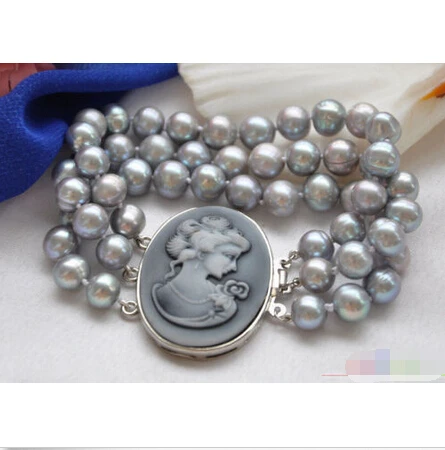 

Free shipping P4055 3row 8" 10mm GRAY ROUND FRESHWATER PEARL BRACELET @^Noble style Natural Fine jewe