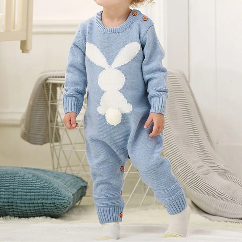 

Cute Knitted Rabbit Tail Patchwork Romper born Infant Baby Boy Girl Weave Long Sleeve Rompers Jumpsuit Outfits Clothes
