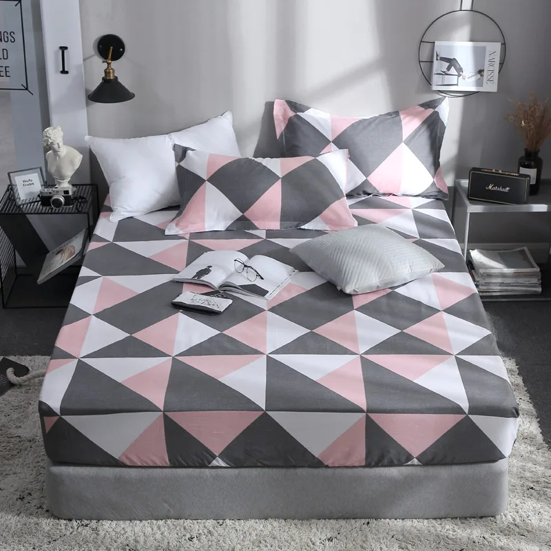 

Bed Sheet With Pillowcase Geometric Printed Fitted Sheet With Elastic Bed Linen 100% Cotton Soft Mattress Covers Queen Size