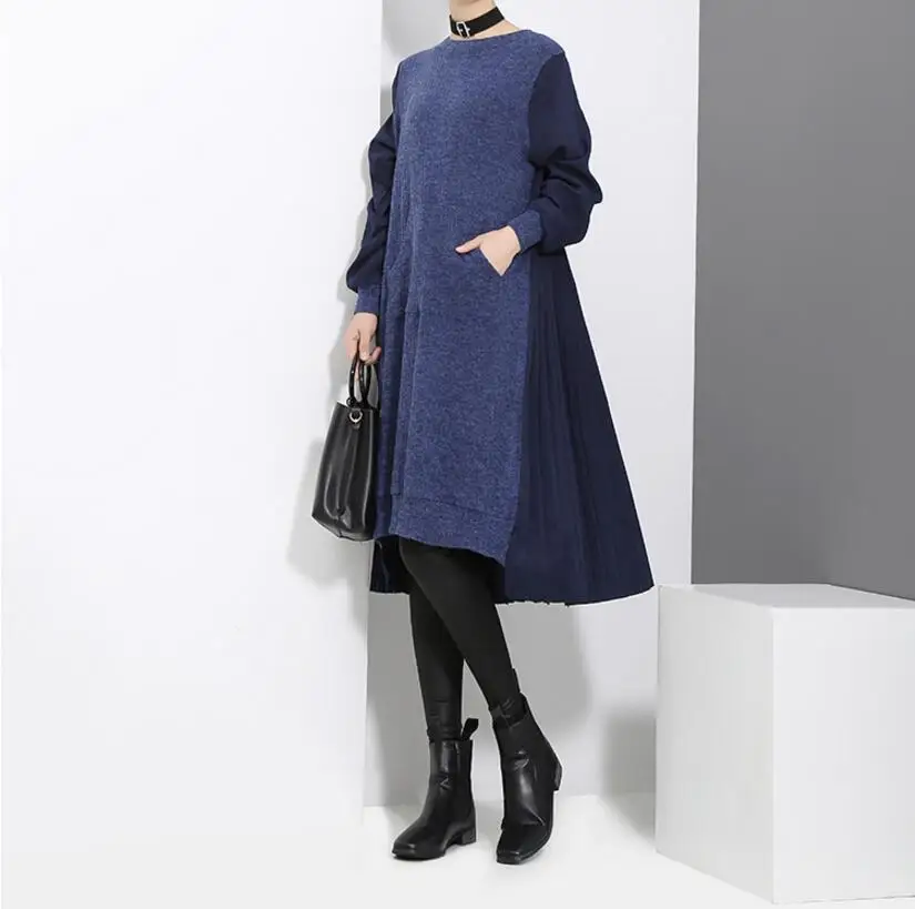 

Novelty Autumn-Winter Round Collar Long Sleeves Rear Pleated Split Joint Irregular Free Blue Dress Women's Fashion Tide