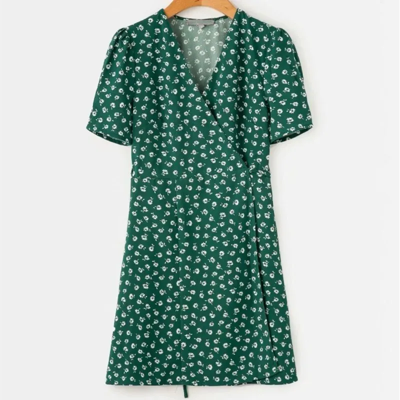 New Fashion Women V-Neck Floral Print Slim Dresses Vintage Summer Short Sleeve Lace-Up Mini Dress | Женская одежда