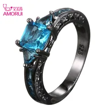 AMORUI Fashion Wedding Hollow Rings for Women Vintage Blue CZ Stone Ring Bague Femme Black Gold Color Engagement Ring Anillos